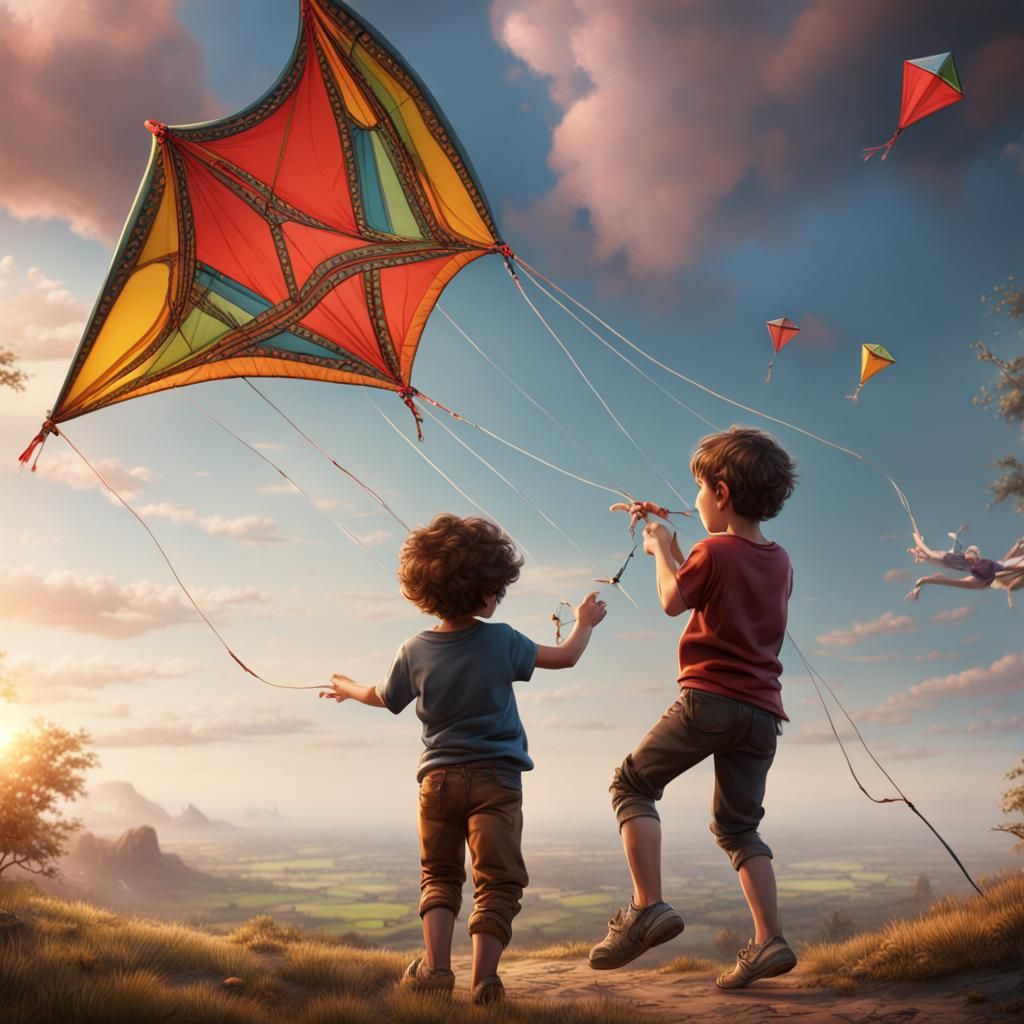 Children Play Kite: Detailed Fantasy Concept Art