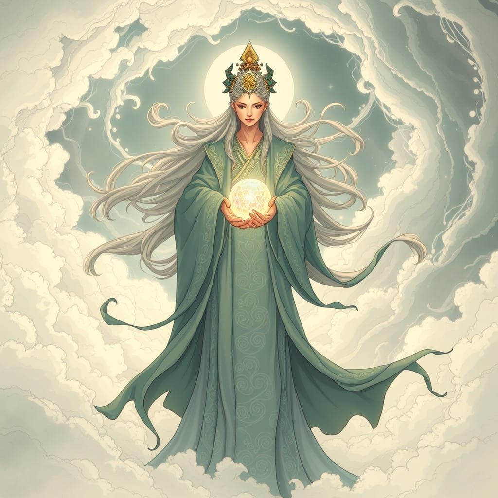 Dreamy Goddess of the Skies in Ethereal Whirlwind