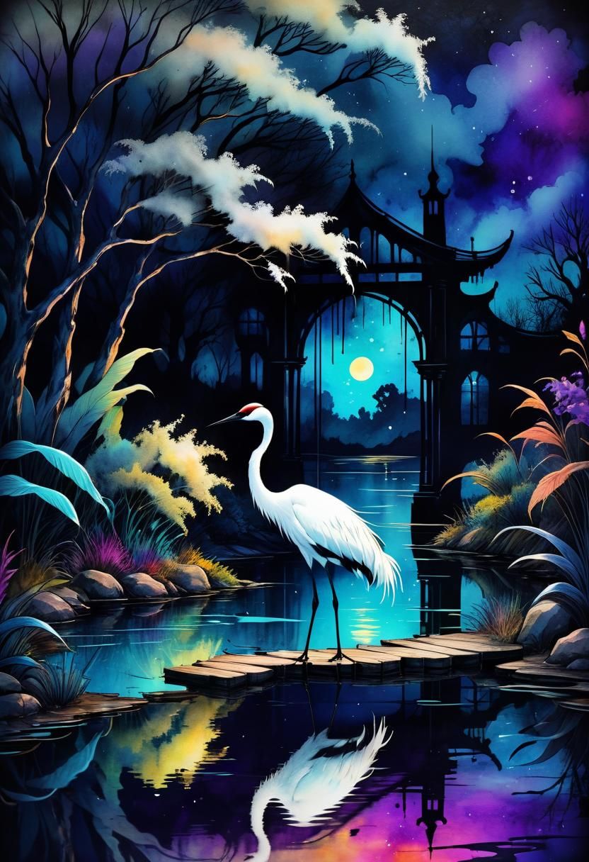 Magical Crane in Retro Alcohol-Ink Fantasy