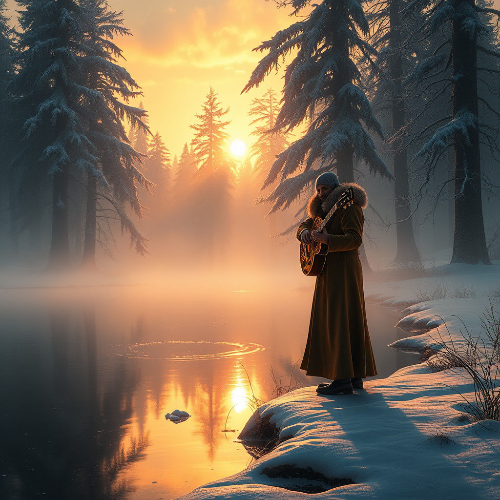 Snowy Lake Guitarist in Dreamlike Landscape