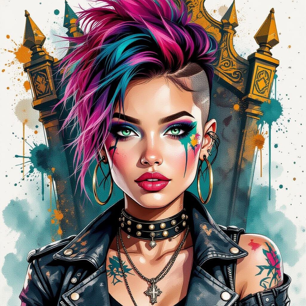 Punk Rebel on Graffiti Throne in Ink and Watercolor