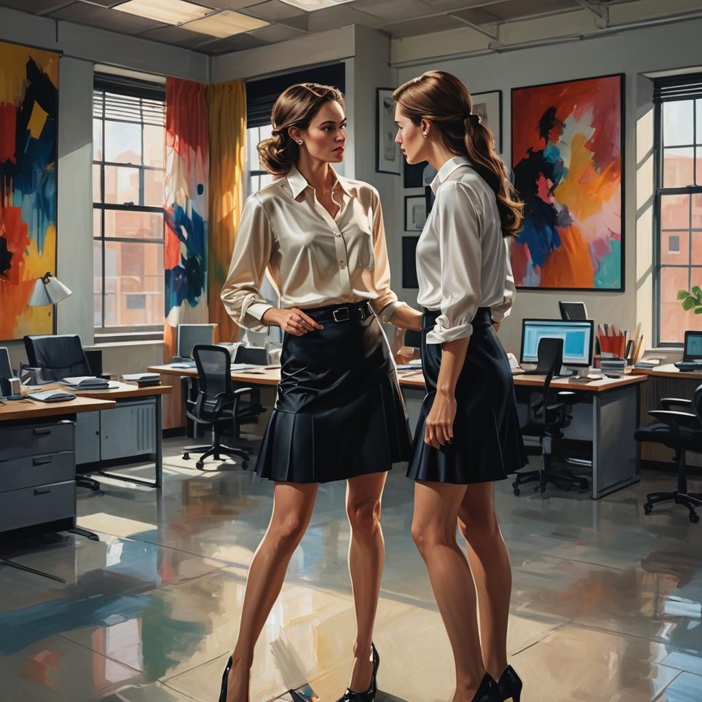 Attractive Women in Silk Blouses, Hyperrealistic Office Scen...