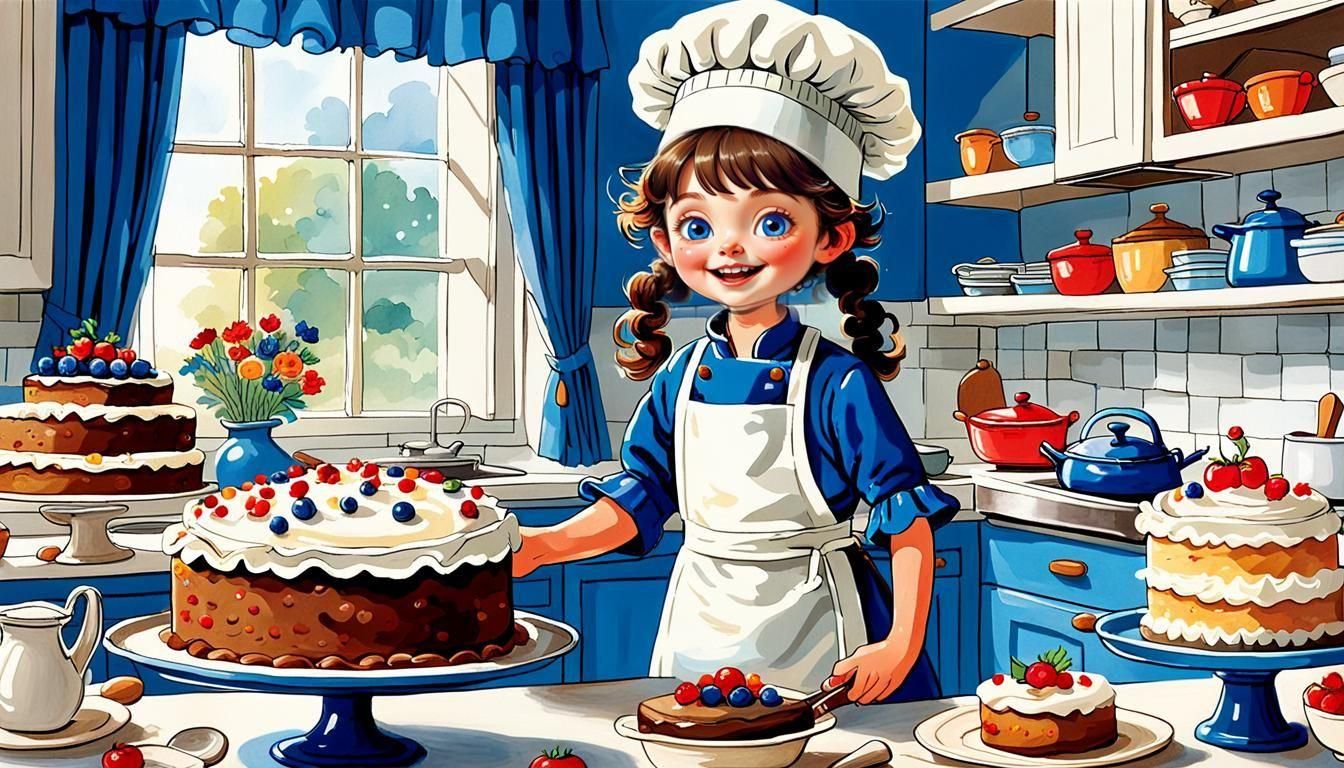 Chef Child Baking Cake in Children's Illustration Style