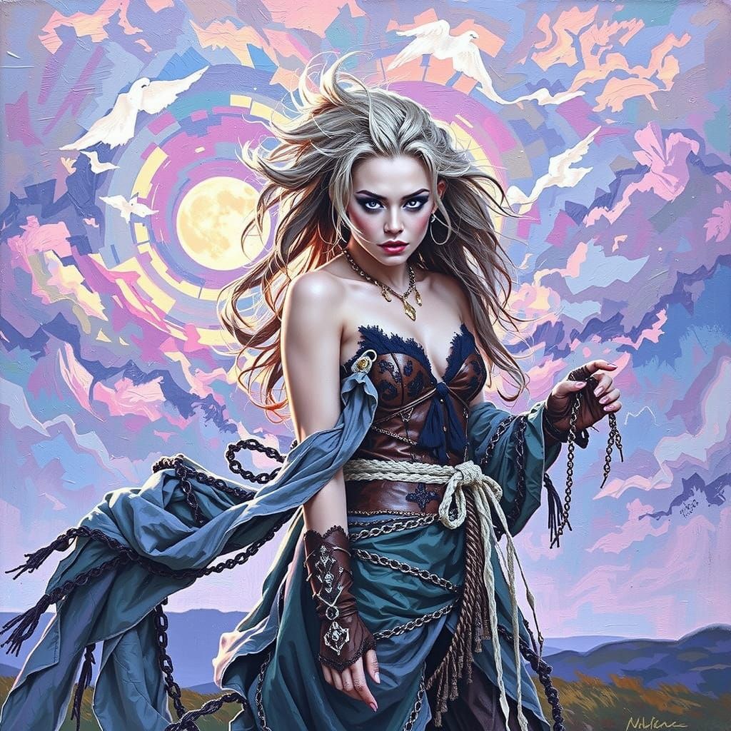 Glamorous Woman in Tattered Luxury on Windswept Moor