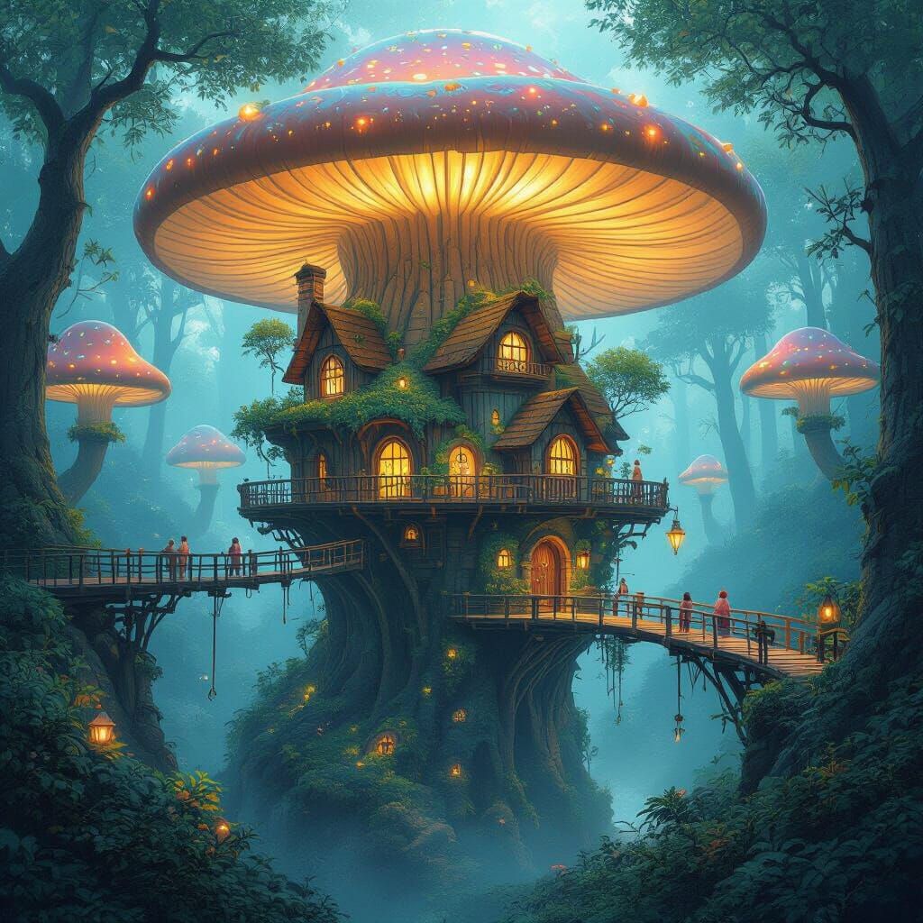Magical Treehouse Village in Bioluminescent Mushroom Forest