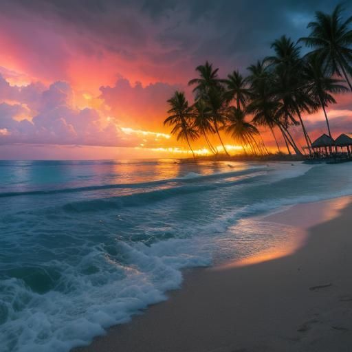 Tropical Beach Sunset with Approaching Storm