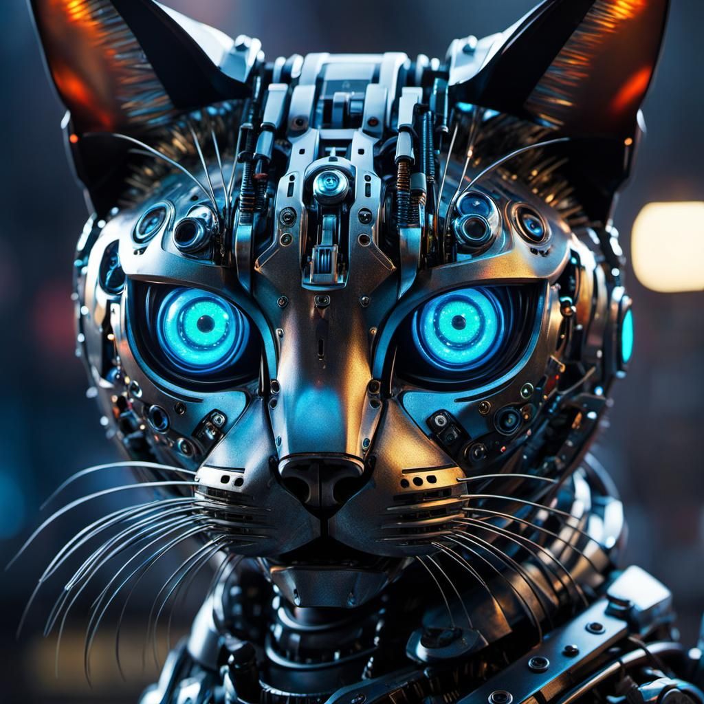 Cyberpunk Robotic Cat with Glowing Eyes