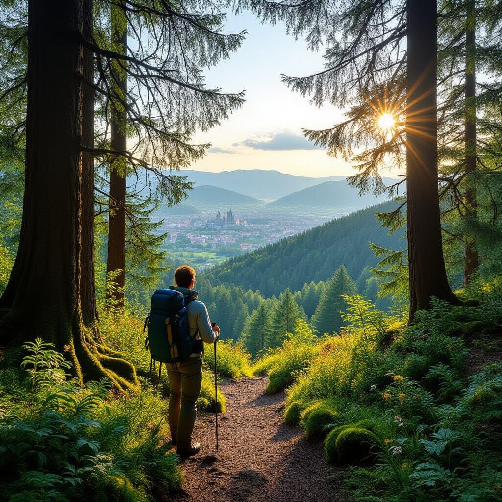 Hiker Pauses on Forest Trail in Bierstadt Landscape