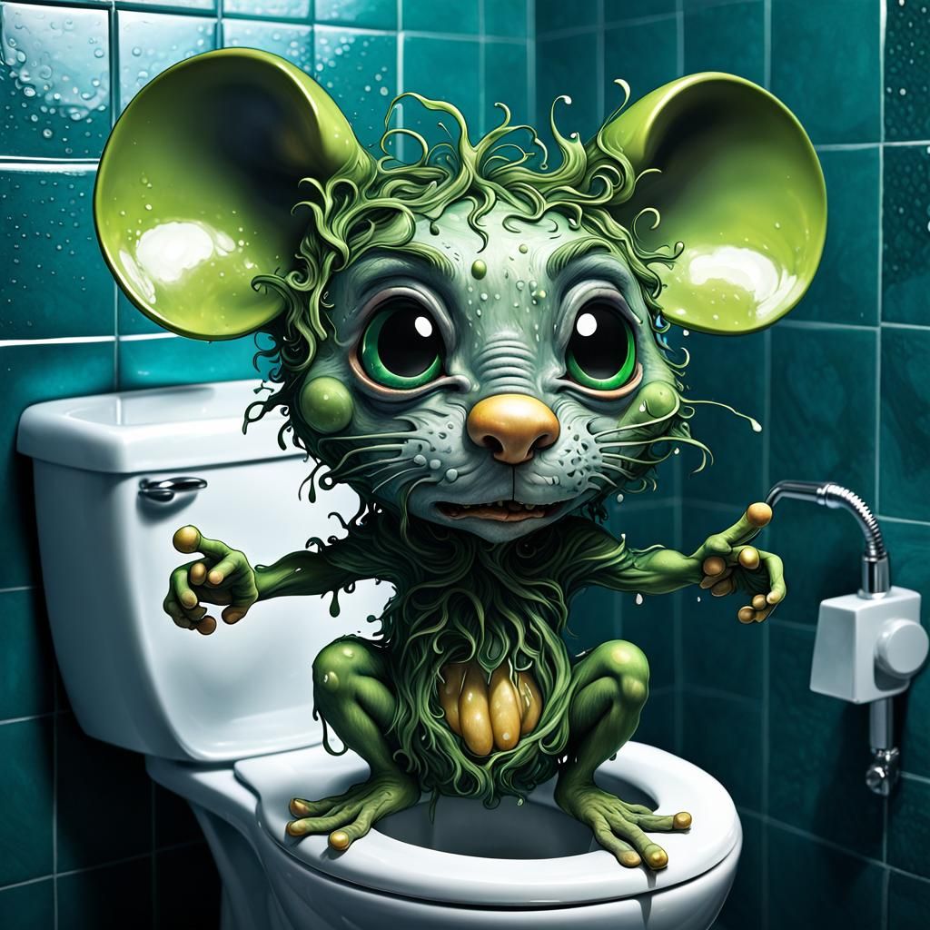 Angry Chibi Mouse on Toilet in Psychedelic Art