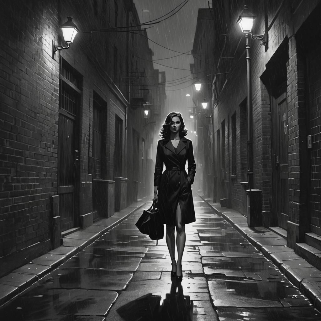 Noir Woman in Rainy Alleyway: Graphic Novel Style