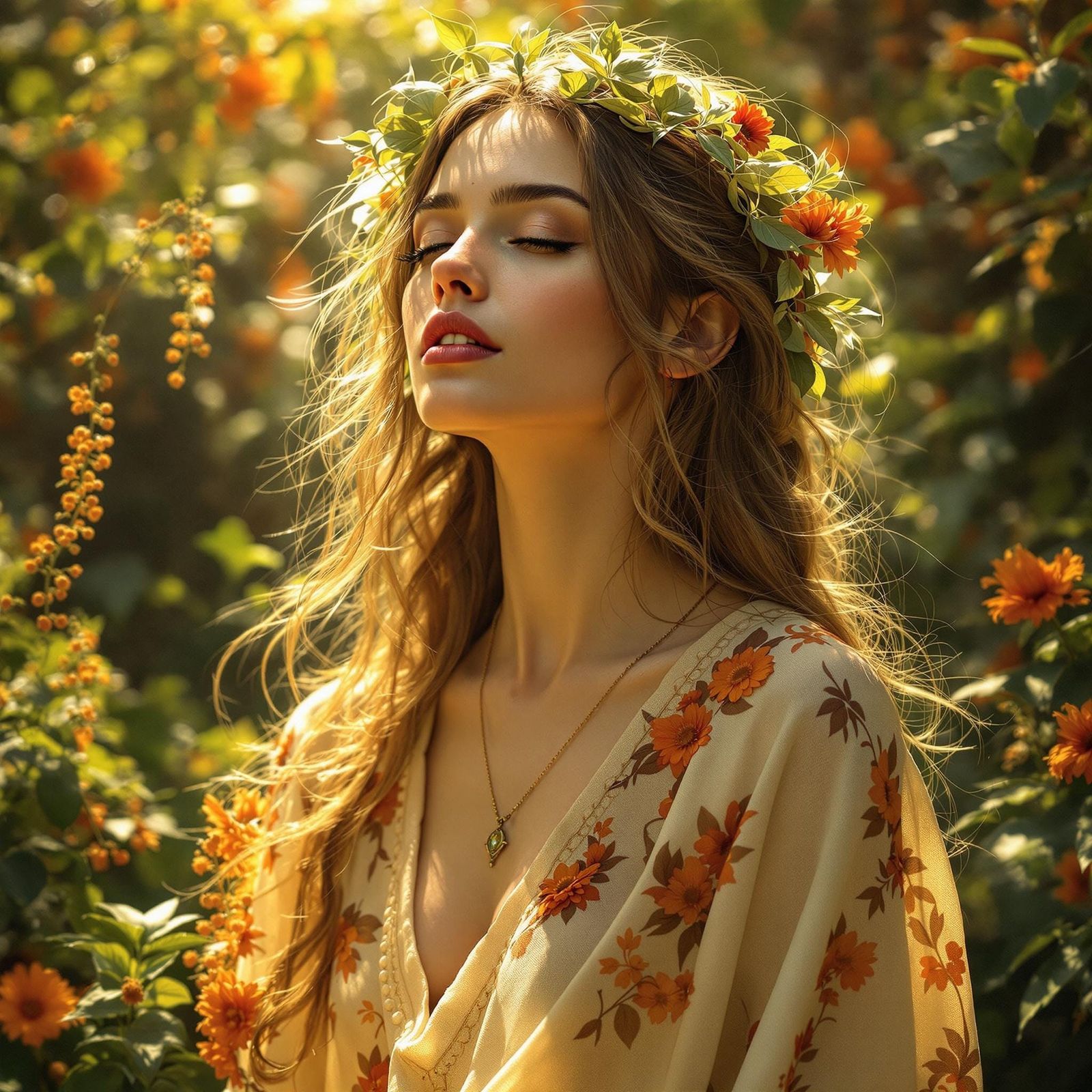 Ethereal Goddess in Sun-Kissed Garden