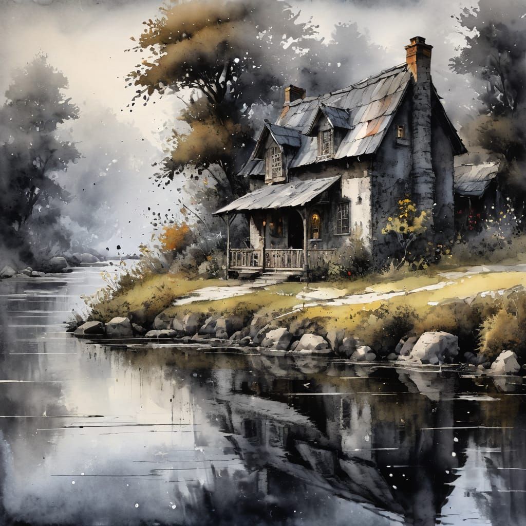 Charming Cottage Village in Ink Painting Style
