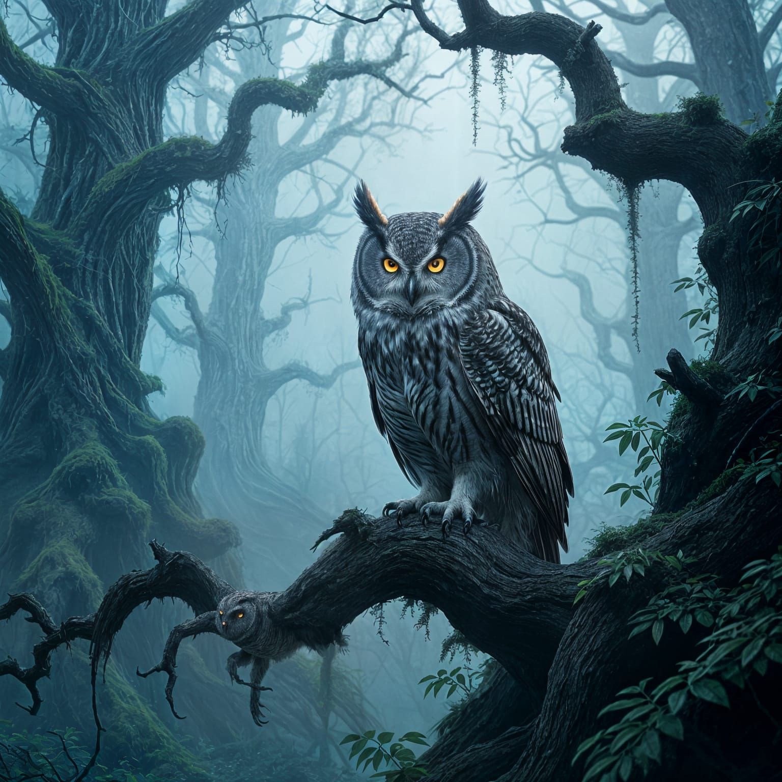 Ancient Owl in Misty Forest Dark Fantasy Art