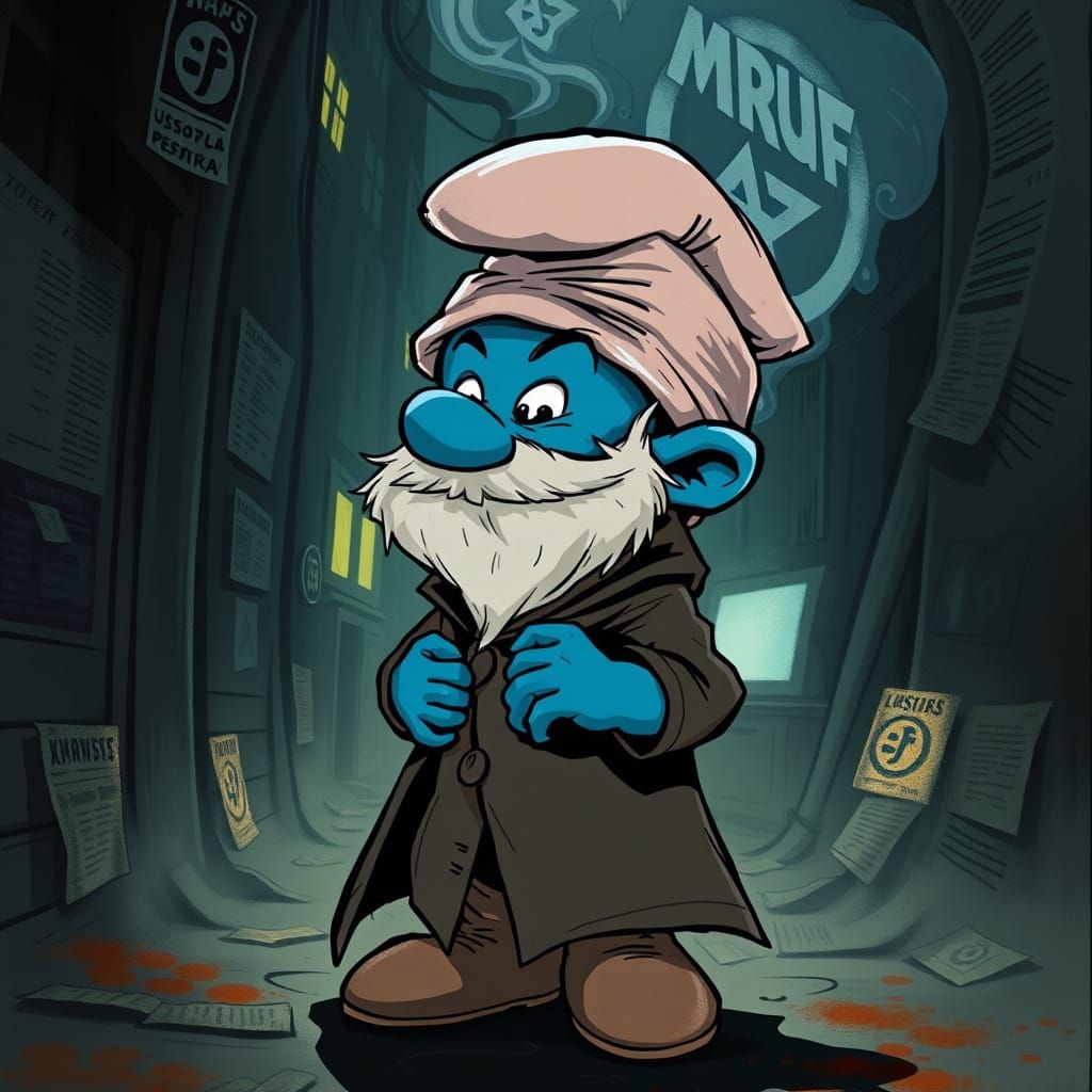 Paranoid Smurf in Gritty Alleyway, Film Noir Style