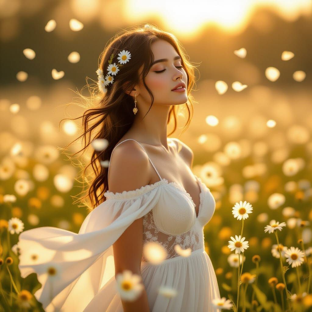 A beautiful young woman wearing a flowing white dress adorne...