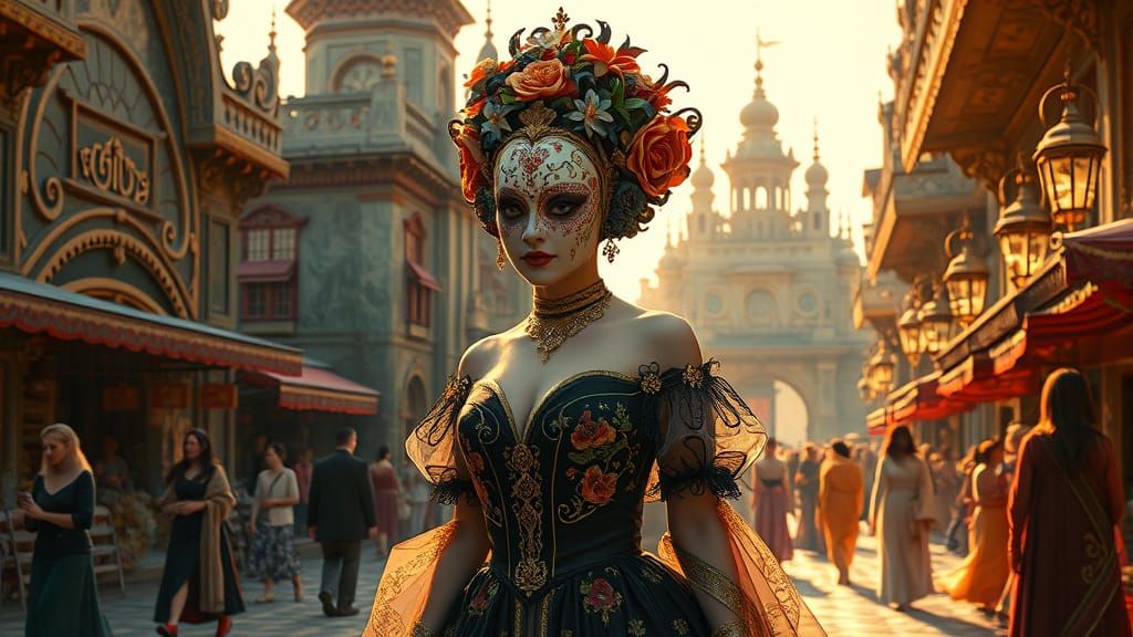 Masked Woman in Festival City, Art Nouveau Style