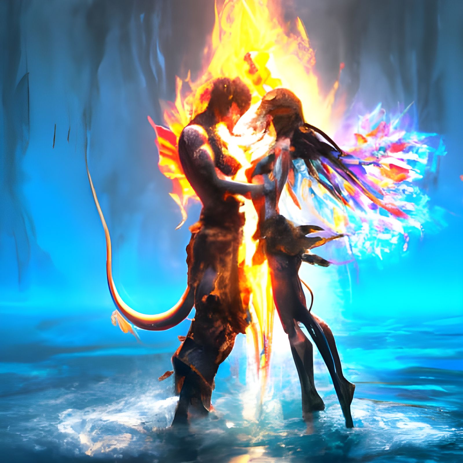 Fiery Water Elves Embrace: Yin Yang Concept Art