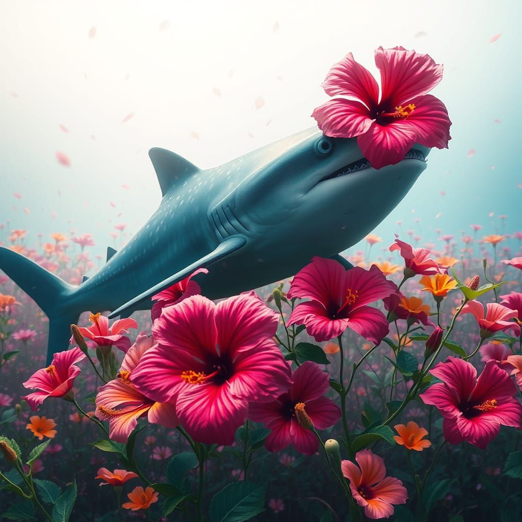 Whale Shark in Hibiscus Field: Whimsical Art