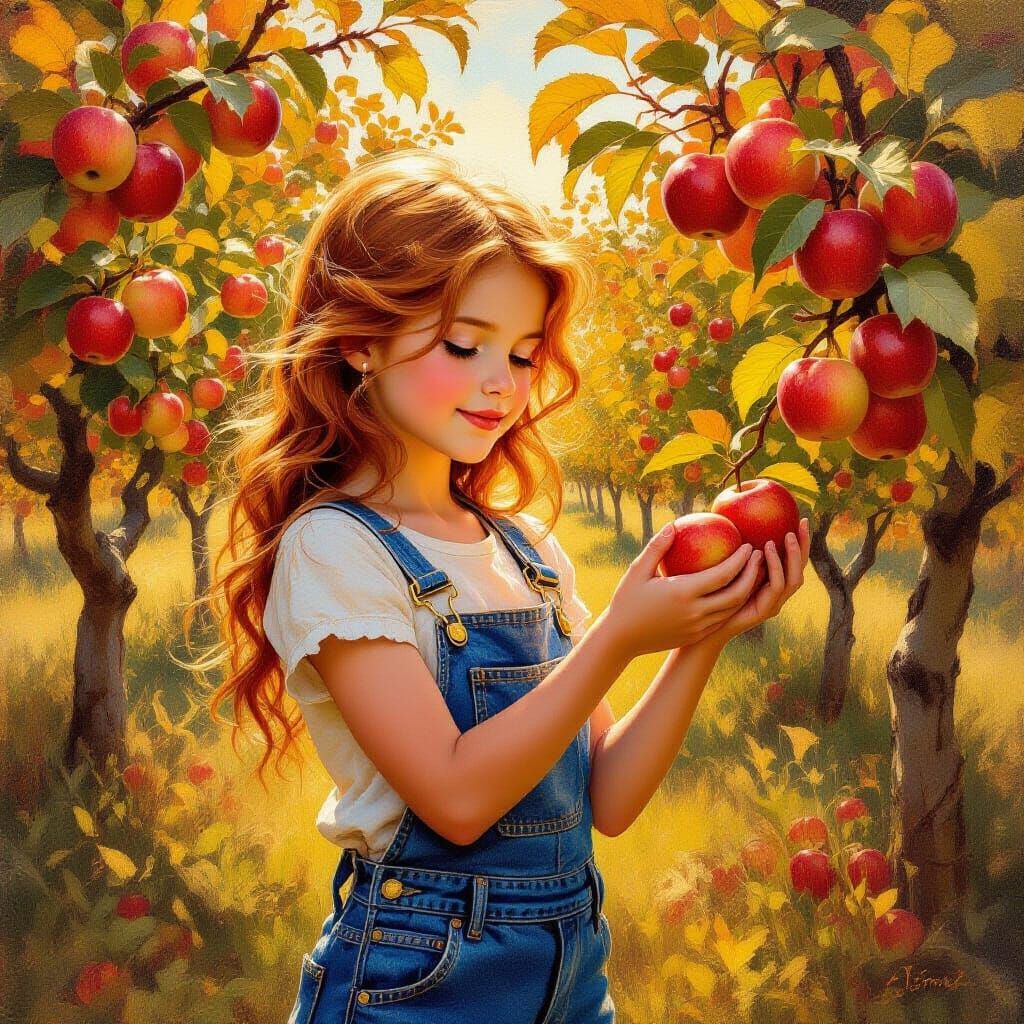 Impasto Oil Painting of Girl Picking Apples in Autumn Orchar...