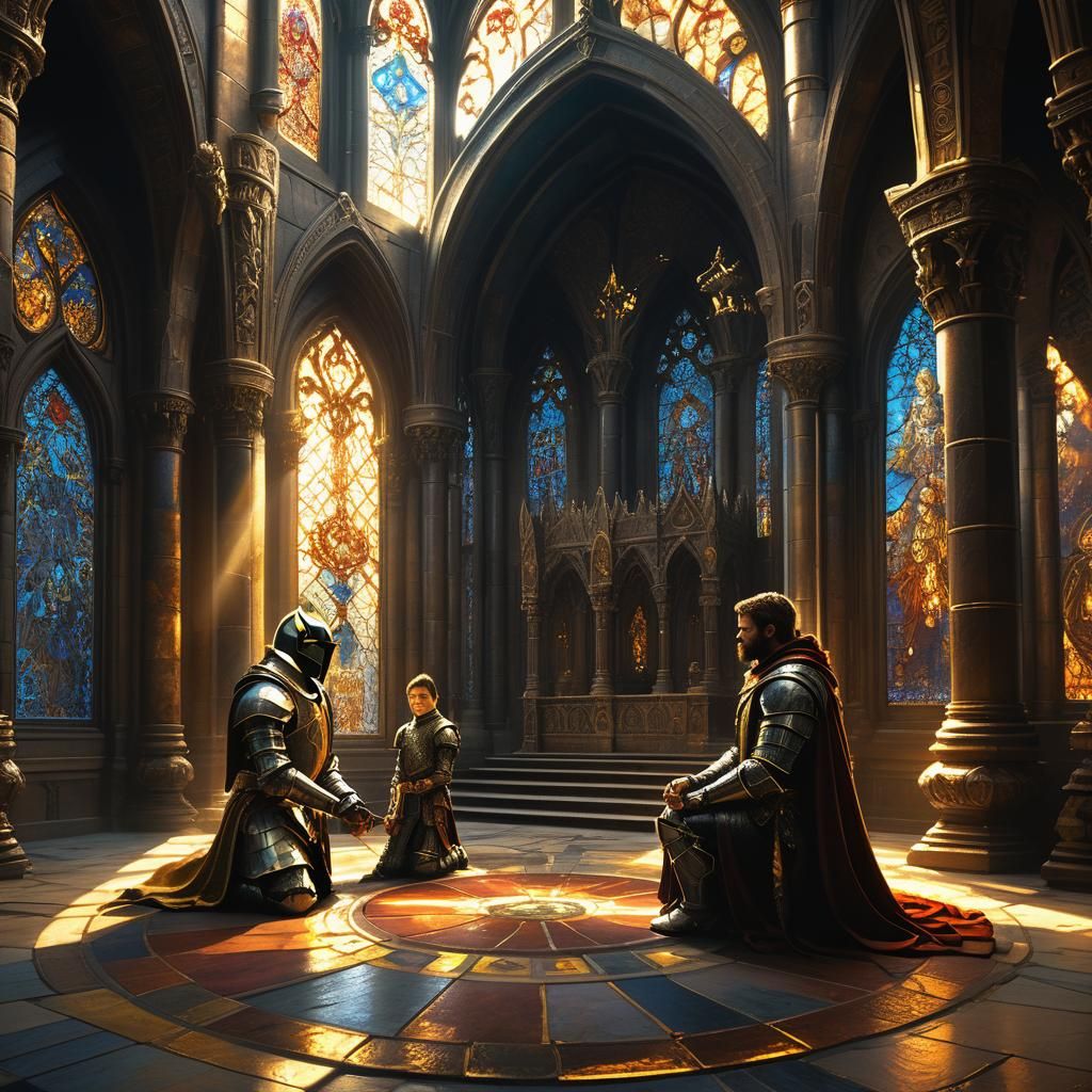 Knight's Fealty in Ornate Throne Room, High Fantasy Art