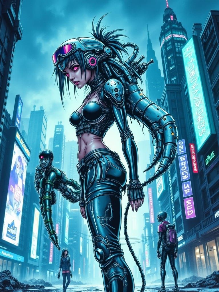 Cyberpunk Girl in Dystopian Underwater Cityscape