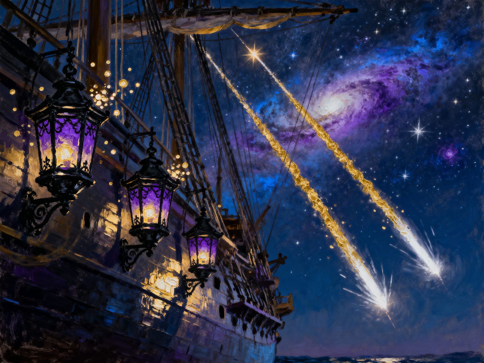 Majestic Ship with Lanterns Under Starry Sky