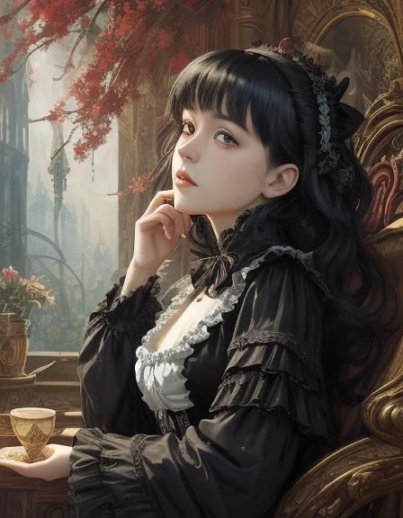 Gothic Girl in Lilies: Steampunk Neo-Impressionist Art