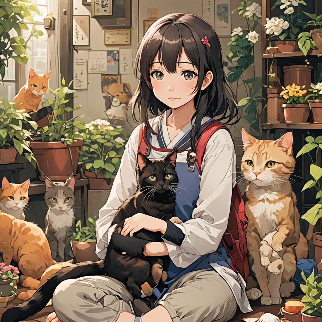 Anime Style Girl with Cat Illustration