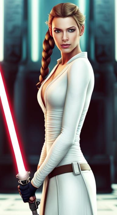 Beautiful Female Jedi at Temple with White Lightsaber