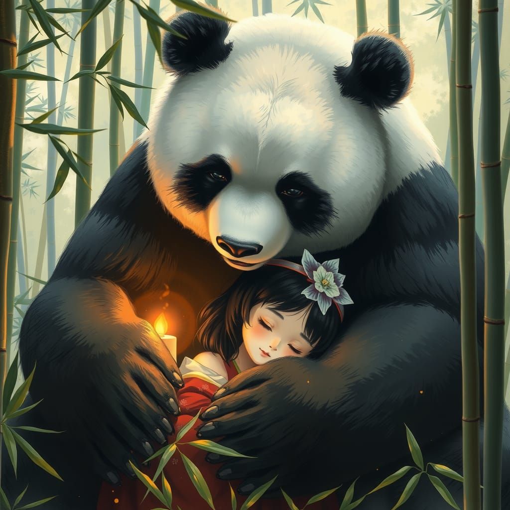 Panda Protector: A Miyazaki-Rockwell Inspired Scene