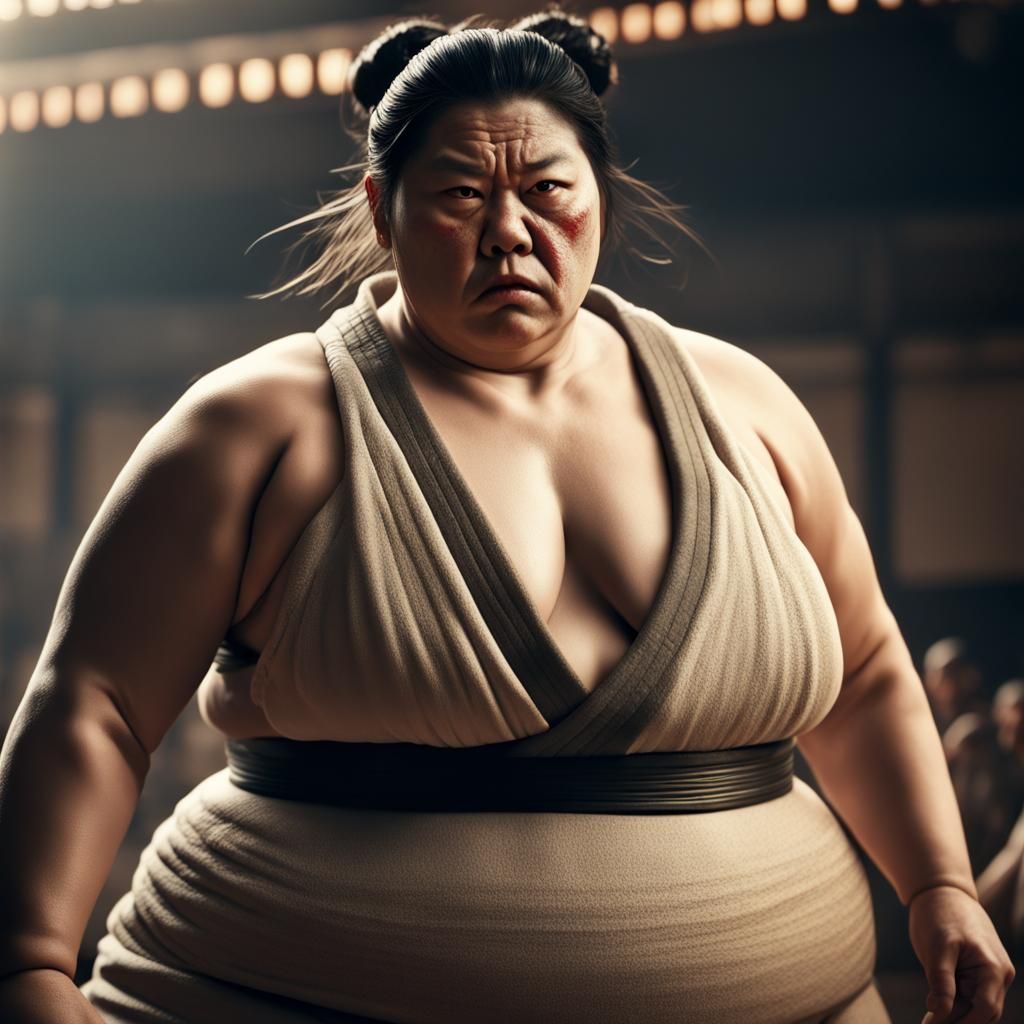 Angry Female Sumo Wrestler on Tatami Mat