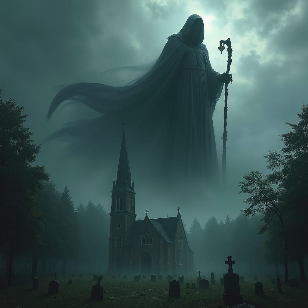 Grim Reaper Emerges From Storm Clouds Over Church