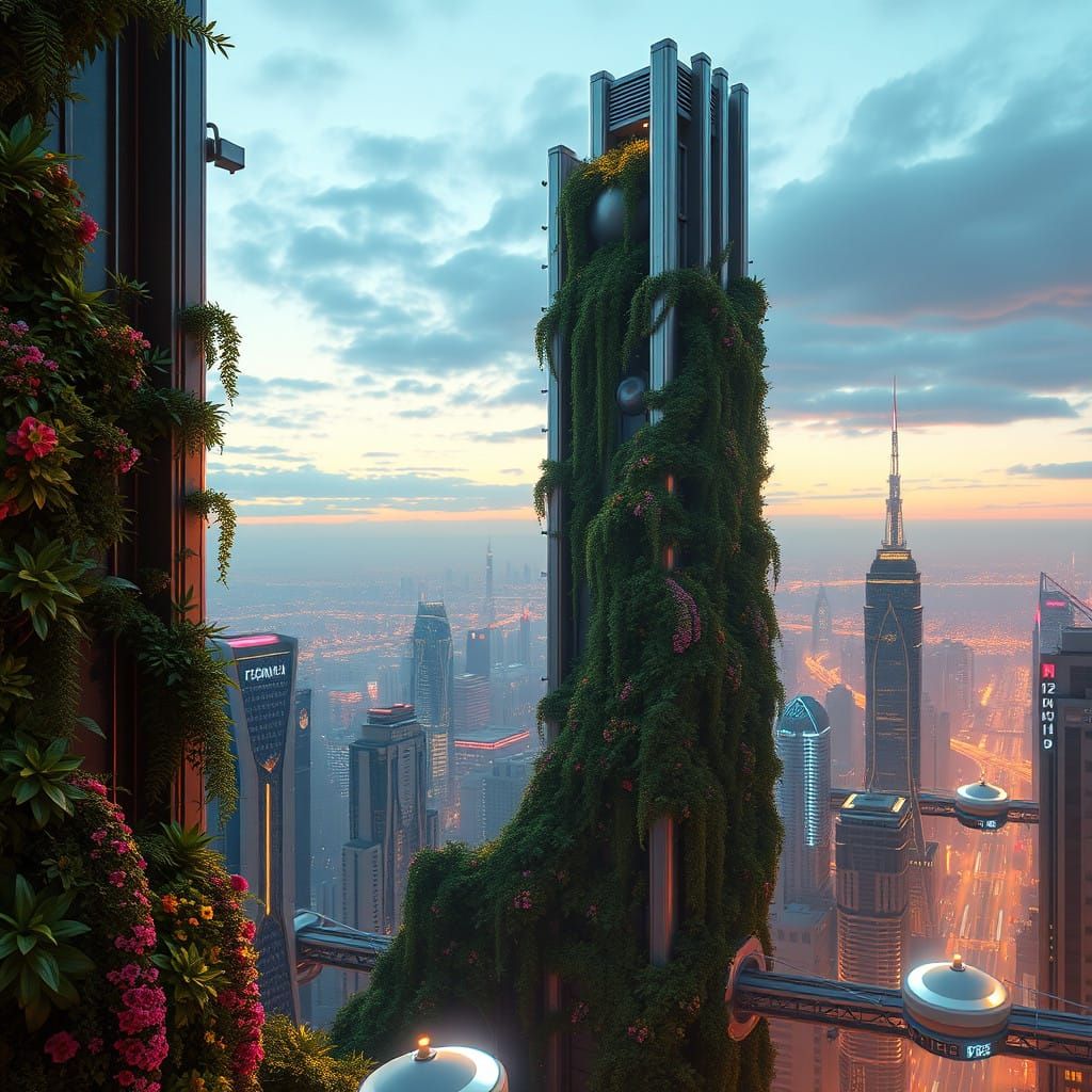 Surreal Futuristic Oasis in Industrial Cityscape