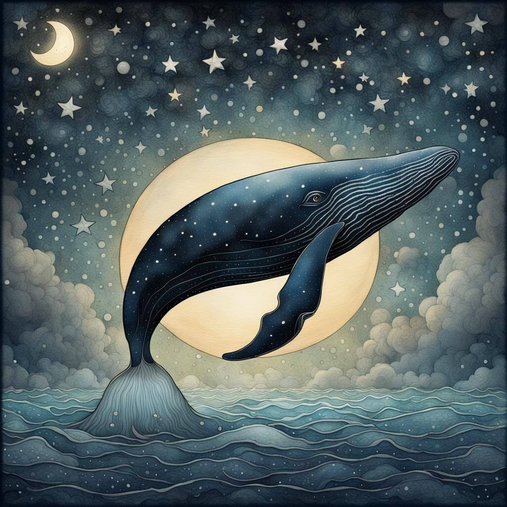 Whales Swimming in Sea and Sky: Watercolor Digital Art