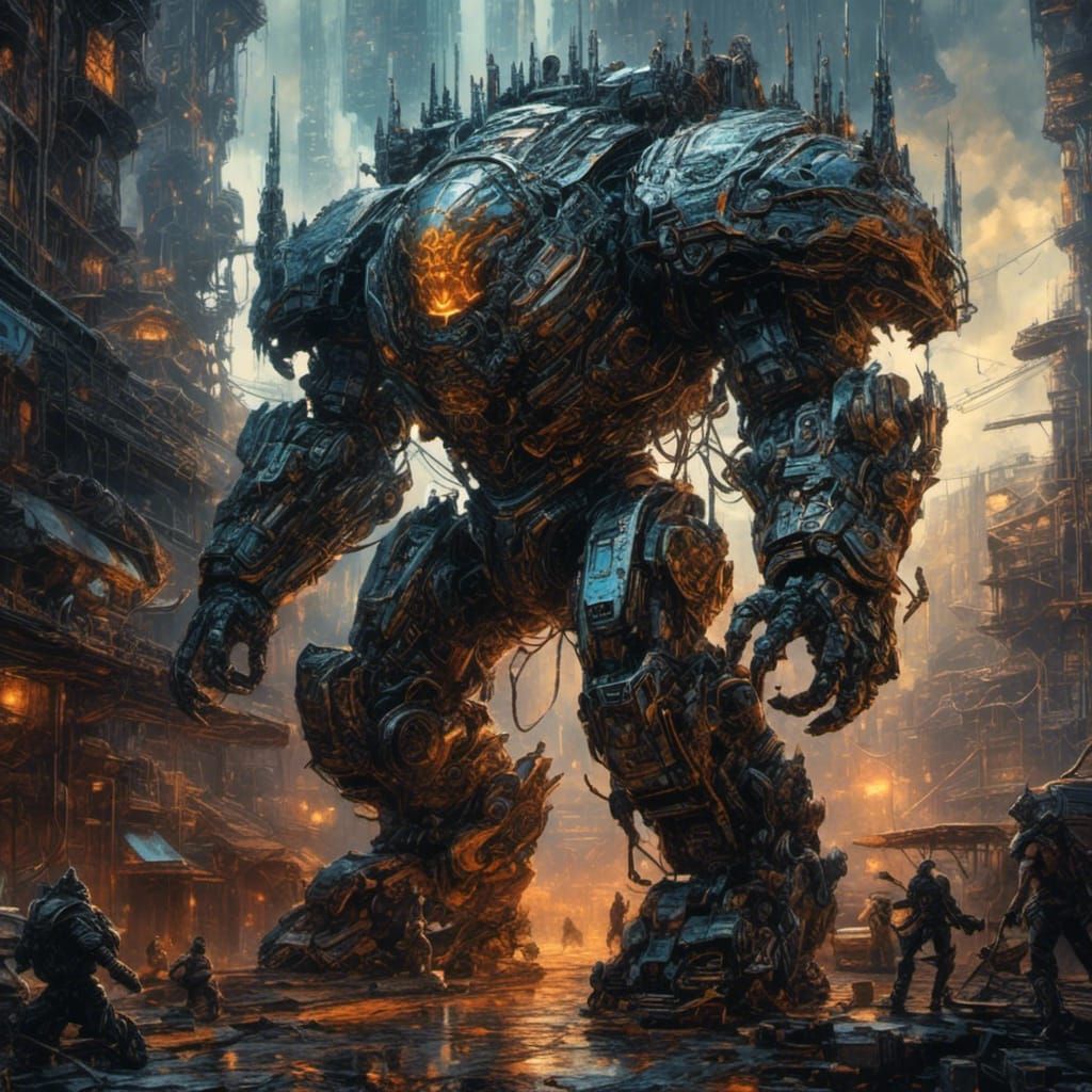 Cyberpunk Bio-Mecha Jumps in Colorful Cityscape