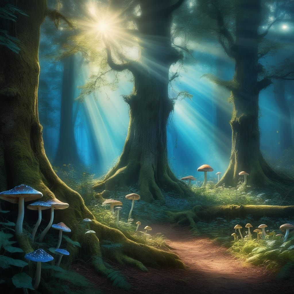 Magical Fairy-Tale Forest Bathed in Ethereal Light