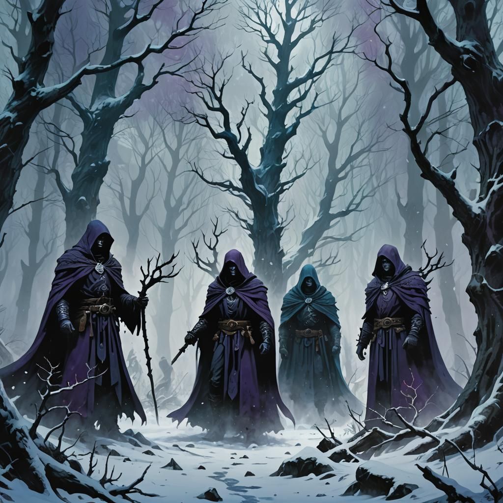 Warlocks in Snowy Forest, Dark Fantasy Art