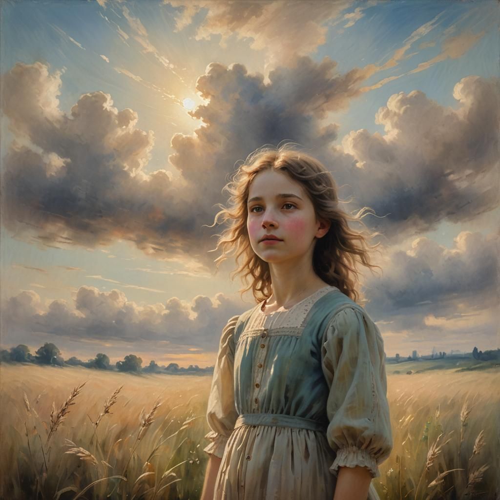 Young Girl in Field: Soft Oil Painting