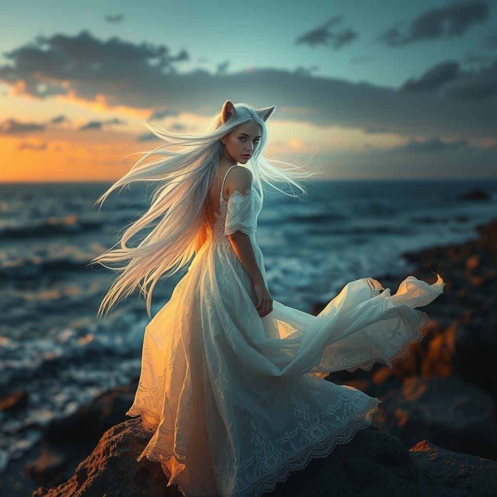 Ethereal Wolf Girl on Windswept Shoreline