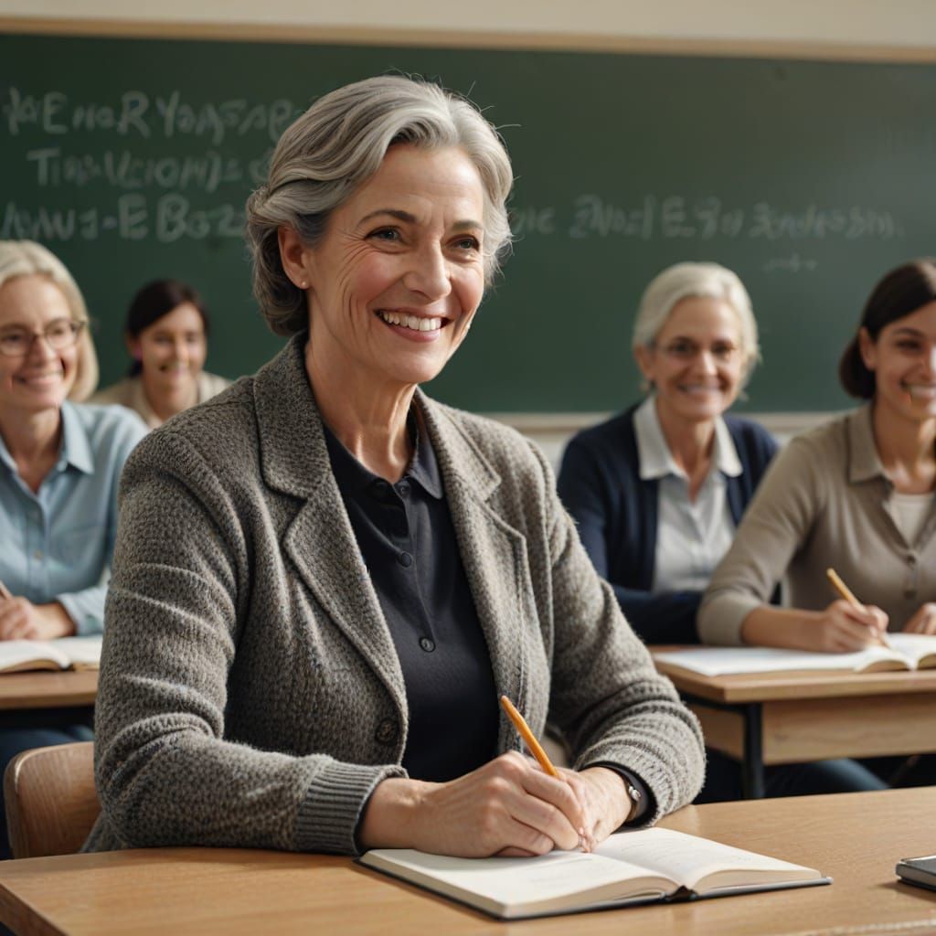 Mature Student Learning in Classroom, Photorealistic Image