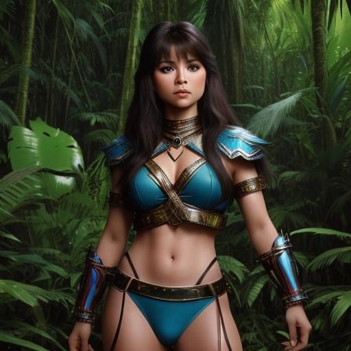 A Female Brunette Amazon warrior Standing in an Amazon Forest.