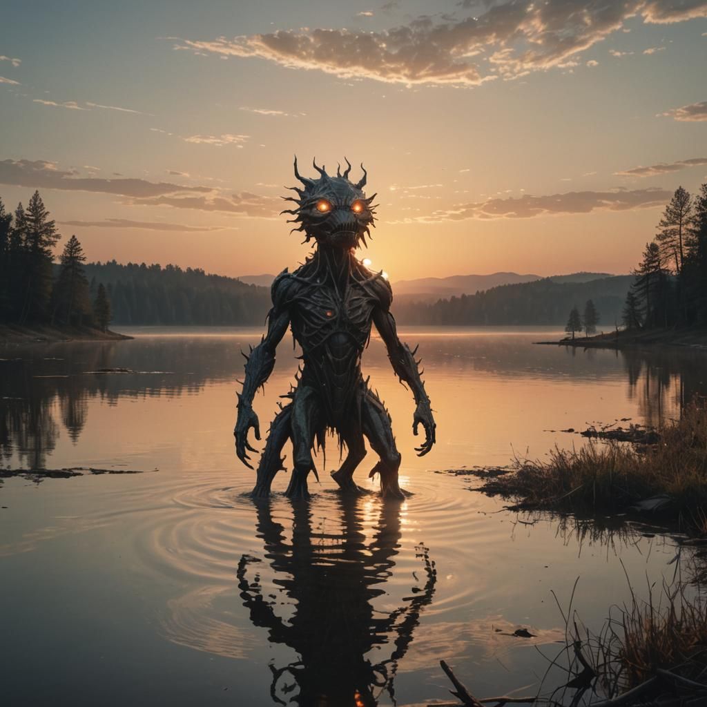 Mutant Creature Watches Sunrise Over Lake