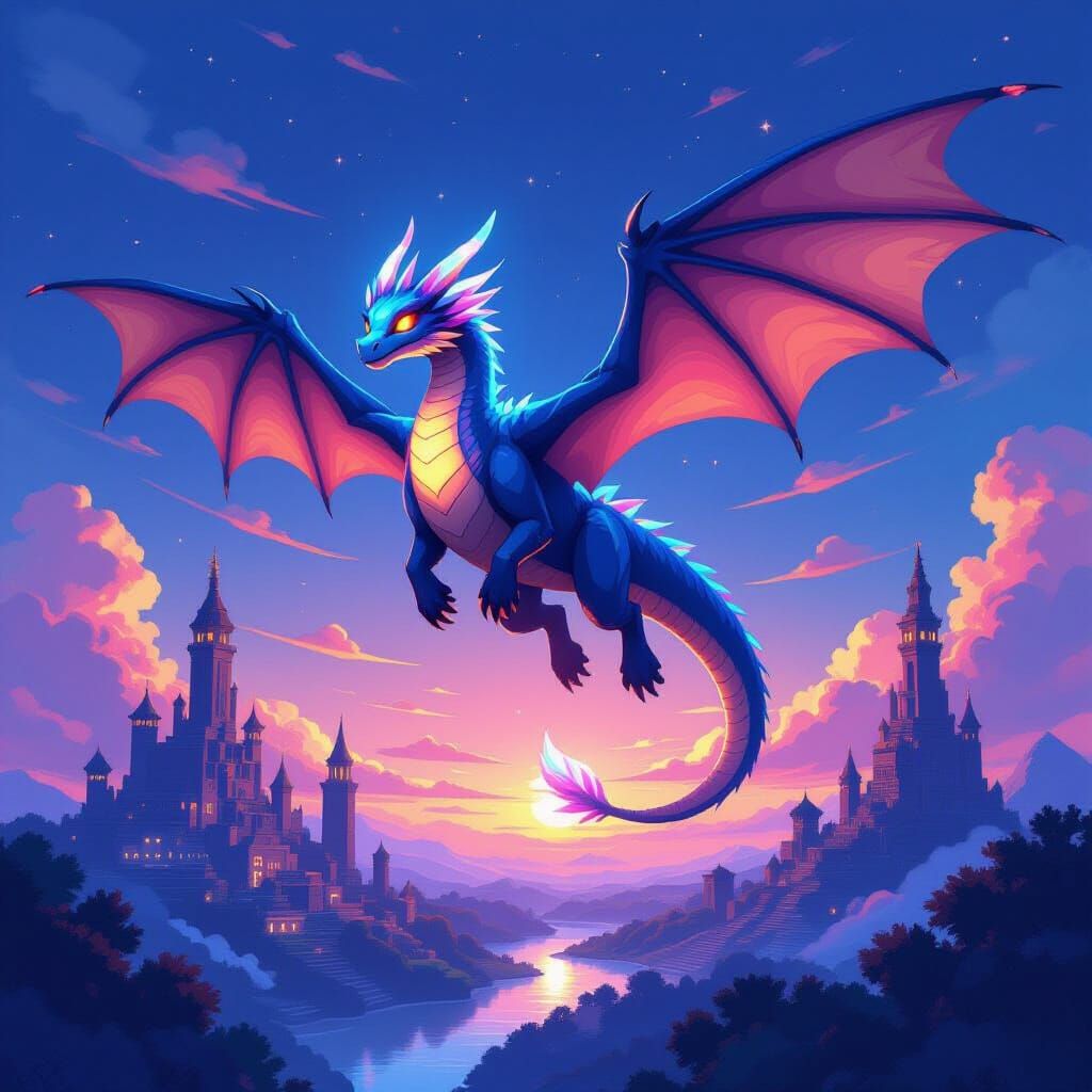 Ender Dragon Soaring Above Minecraft in Ghibli Style