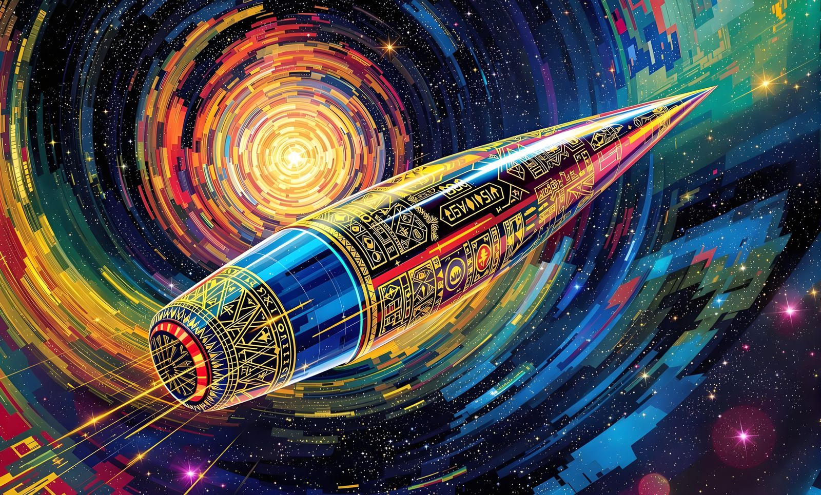 Gustav Klimt-Inspired Interstellar Starship in Vibrant Color...