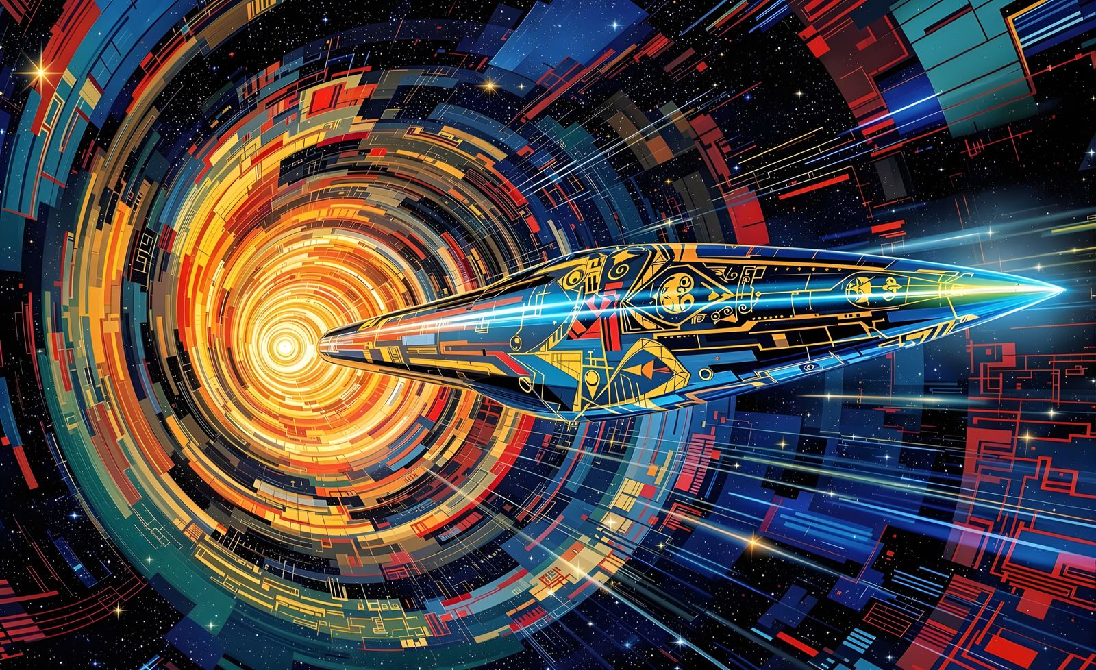 Gustav Klimt-Inspired Starship in Cosmic Vortex