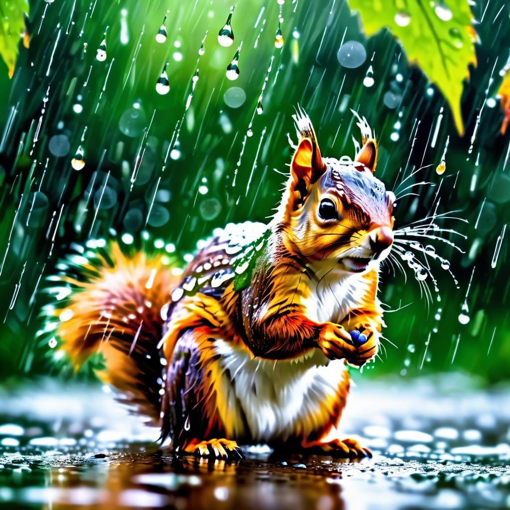 Squirrel Enjoying Rain Shower: Macro Nature Photography