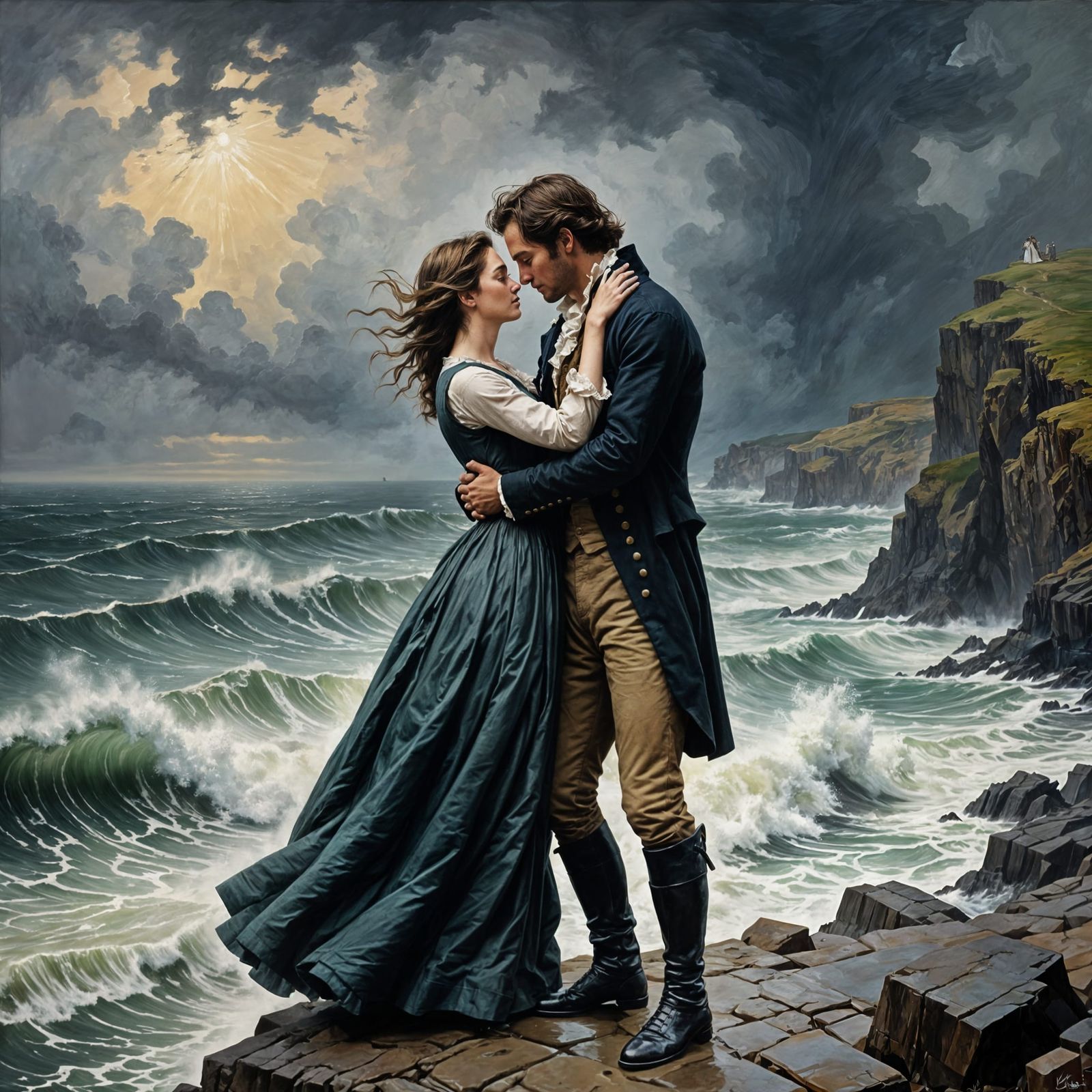 18th Century Lovers Embrace on Stormy Coastline Oil Painting
