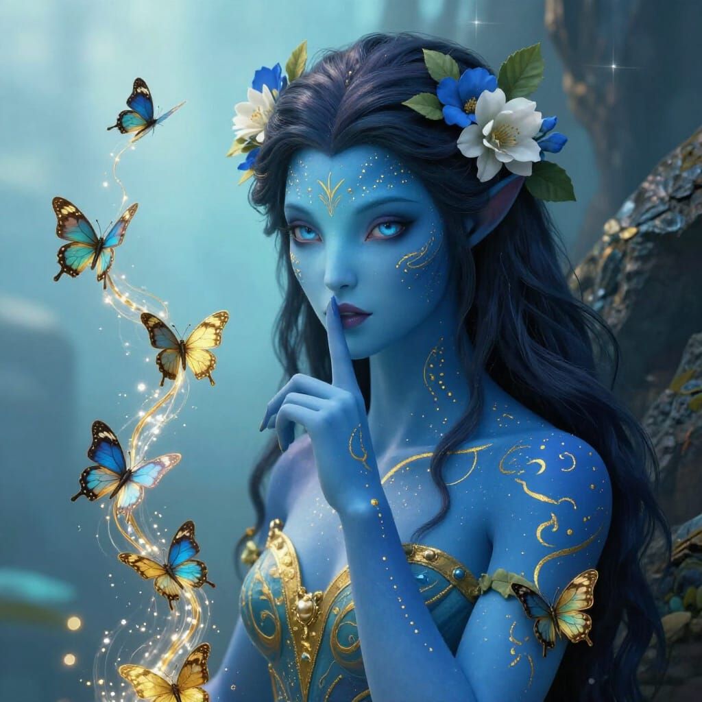 A mystical blue-skinned humanoid figure with piercing blue eyes stares directly ahead, her index finger pressed to her l...