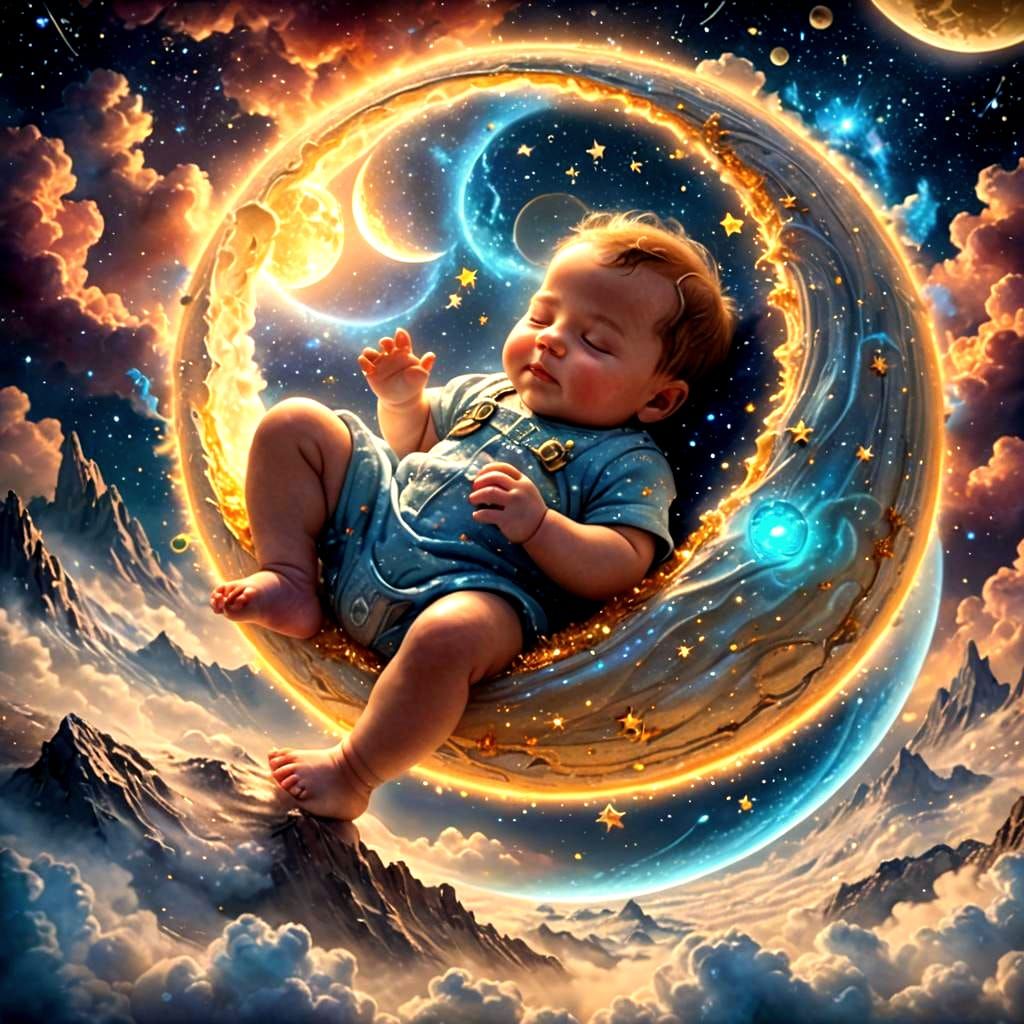 Baby Sleeping on Bioluminescent Moon in Galaxy