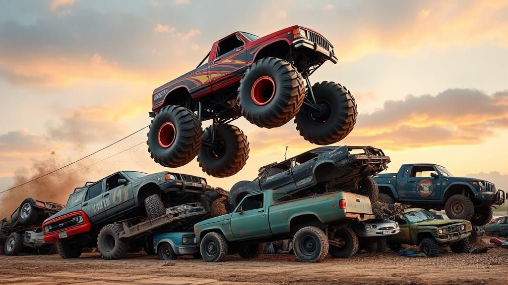 Monster Truck Soars Over a Heap of Junk Cars in a Thrilling ...